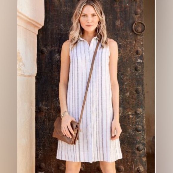 Garnet Hill Dresses & Skirts - Garnet Hill White Striped Linen Midi Shirt Dress size 10